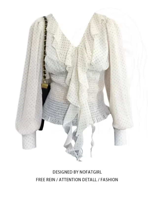 

plus Size Women's Gentle Style V-Neck Polka Dot Chiffon Shirt Spring Long Sleeve Waist Cinching Slimming Draped Top