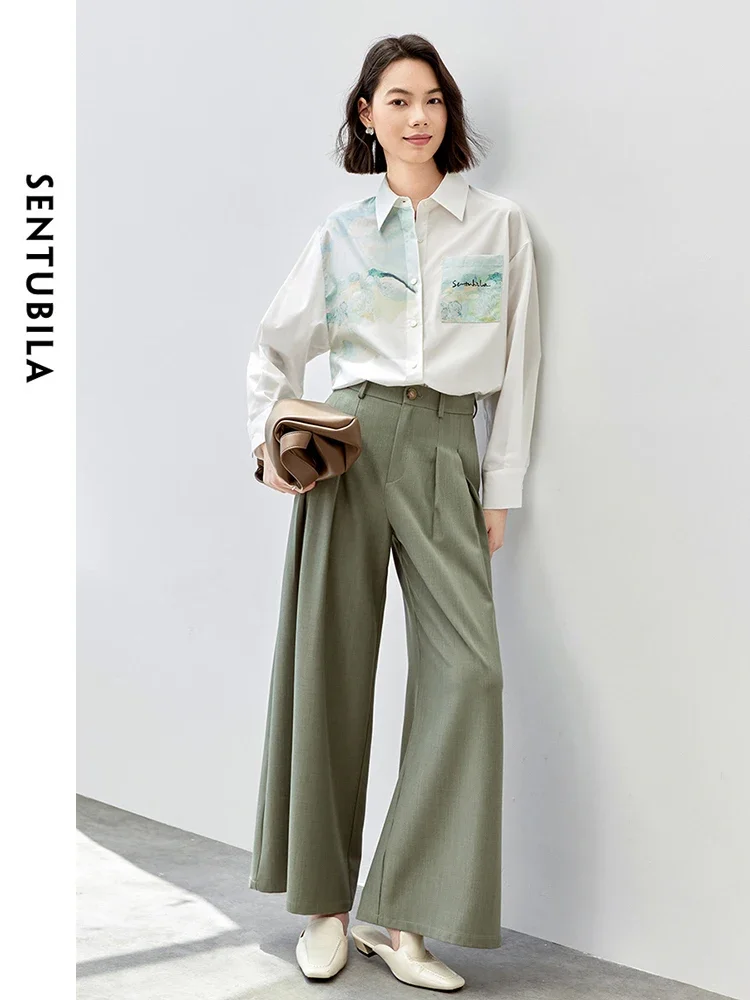 SENTUBILA Women Casual Lyocell Shirt 2024 Autumn Art Printing Turn Down Collar Loose Simple Blouse Tops 143C56911