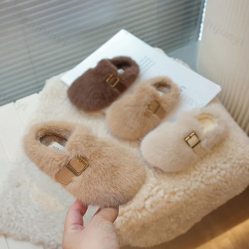 Kids Warm Cotton Shoes 2025 Winter New Boys Girls Flat Fur Cover Toe Light Warm Slippers Non Slip Comfy Soft Sole Plush Slippers