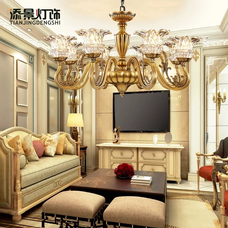 Crystal bedroom pendant light, living room lighting, American style all copper art crystal dining room pendant light