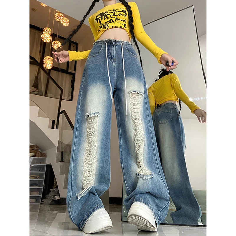 

WCFCX STUDIO Ripped Strap Ladies Jeans Autumn High Waist Straight Wide Leg Pants Retro Hip Hop Blue Y2k Fashion Loose Trousers