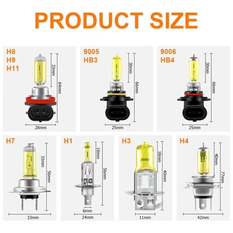 2pcs 55W Super Bright Yellow Halogen Bulbs H1 H3 H4 H7 H8 H11 3000K Anti Fog Automobile Headlamp Lights 12V HB3 HB4 9012