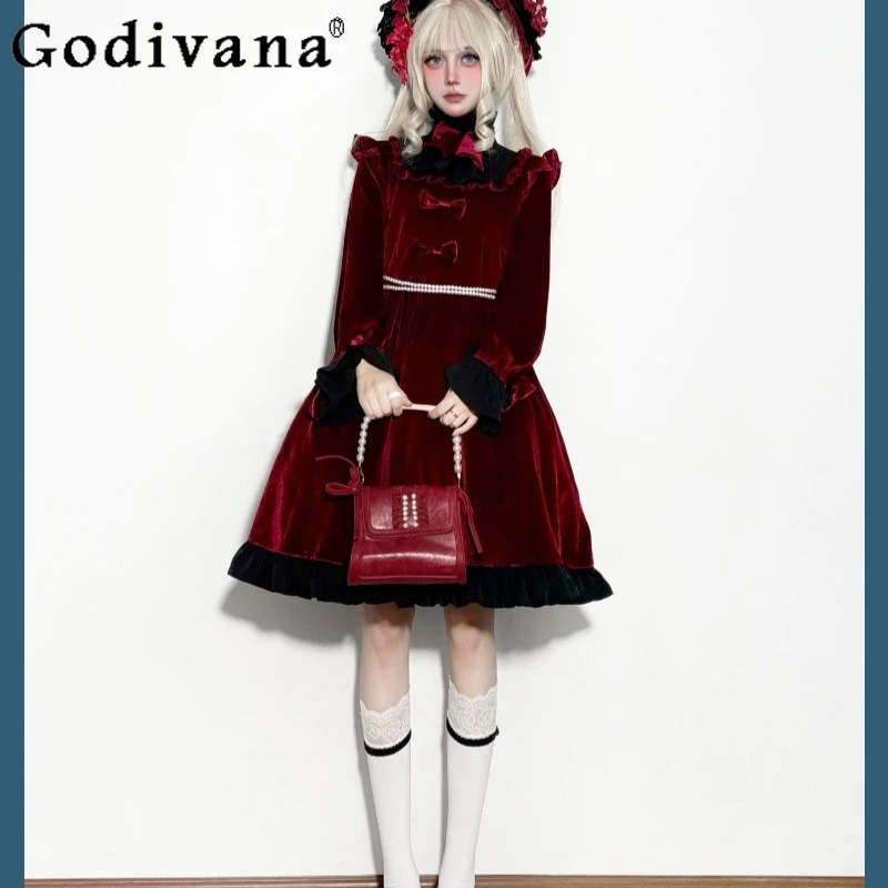 

Lolita Style Long Sleeved Dress for Women Elegant Color Blocked Waist Princess Dress Female Japanese Sweet Gown Dress