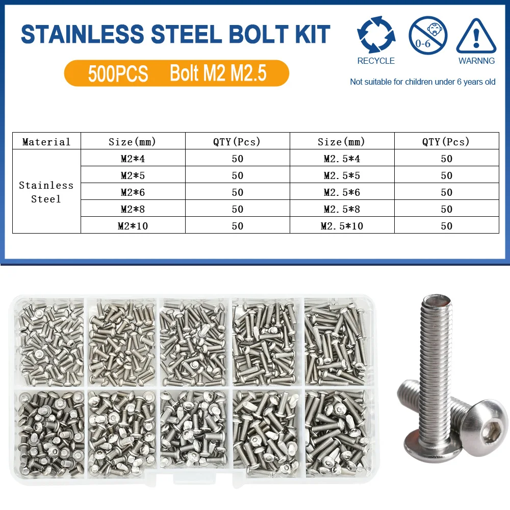 500 Stuks M2 M2.5 Kleine Schroef Bolt Kit 4mm 5mm 6mm 8mm 10mm Elektrische Schroeven Hex Hexagon Socket Cap Laptop PCB Allen Bouten Set