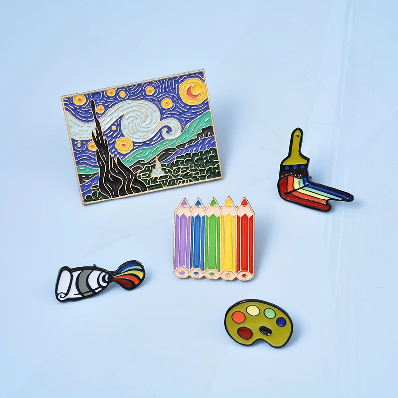 Lukisan minyak seni pin lencana kemeja Lapel pin gesper perhiasan hadiah untuk teman pelukis Genius Van Gogh Enamel pin kuas kustom