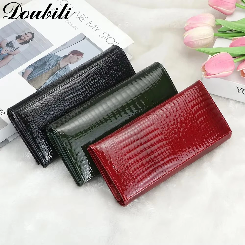 

Doubili Genuine leather vintage long wallet with multiple card slots and crocodile pattern clutch holder