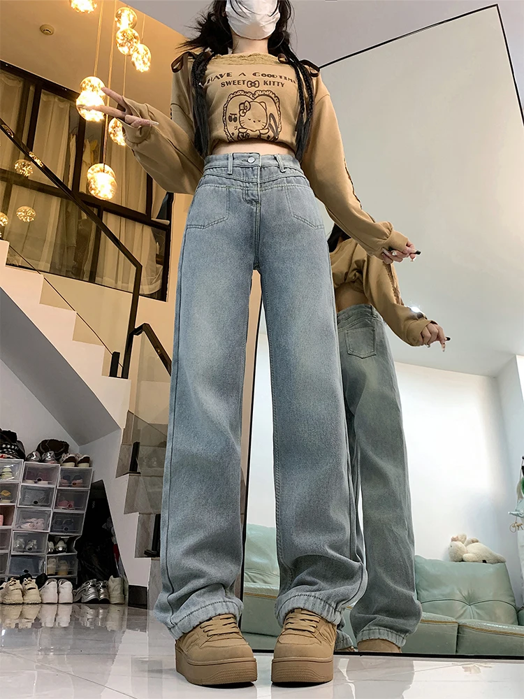 플러스 사이즈 루즈핏 하이웨이스트 테니드 페이스 와이드 레그 진 여성용 가을 겨울 캐주얼 하이웨이스트 롱 팬츠