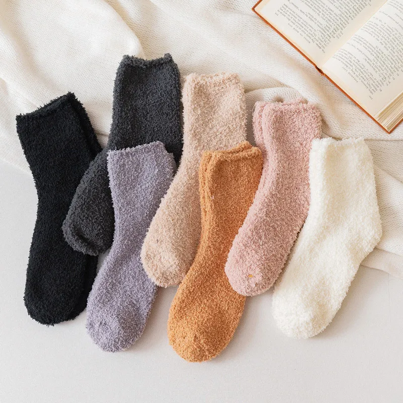 Women Winter Warm Fluffy Socks Cute Soft Elastic Coral Velvet Socks Indoor Floor Towel Breathable Pure Colors Stockings Supplies