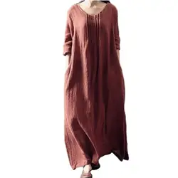 2024 Cotton Linen Vintage Full Dress Casual Loose Boho Long Maxi O-Neck Long Sleeve Lady Dresses Vestido Plus Size Woman Dress