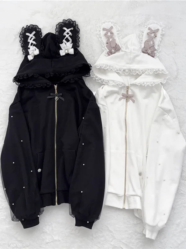 Adorable Jaet con capucha y Orejas de conejo forradas de Fce para mujer, ropa de abrigo larga y cómoda, Otoño Invierno Y2K, dulce Sle