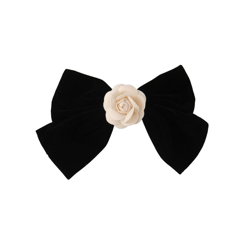 Elegant Black Velvet Hair Bows Clips White Flower Back Head Bowknot Hairpin Party Barrette Grip Headwear Korean Hair Accessories