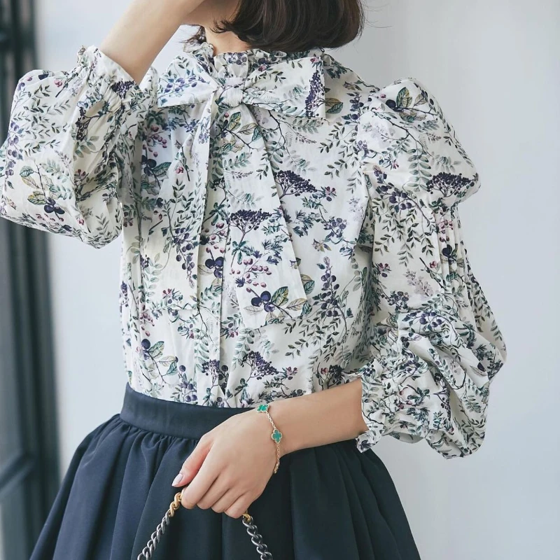 Bandage Bow Shirts Blouses Japanese Elegant Floral Print Blusas Mujer Bubble Long Sleeve Camisas Spring 2024 New Shirt Tops