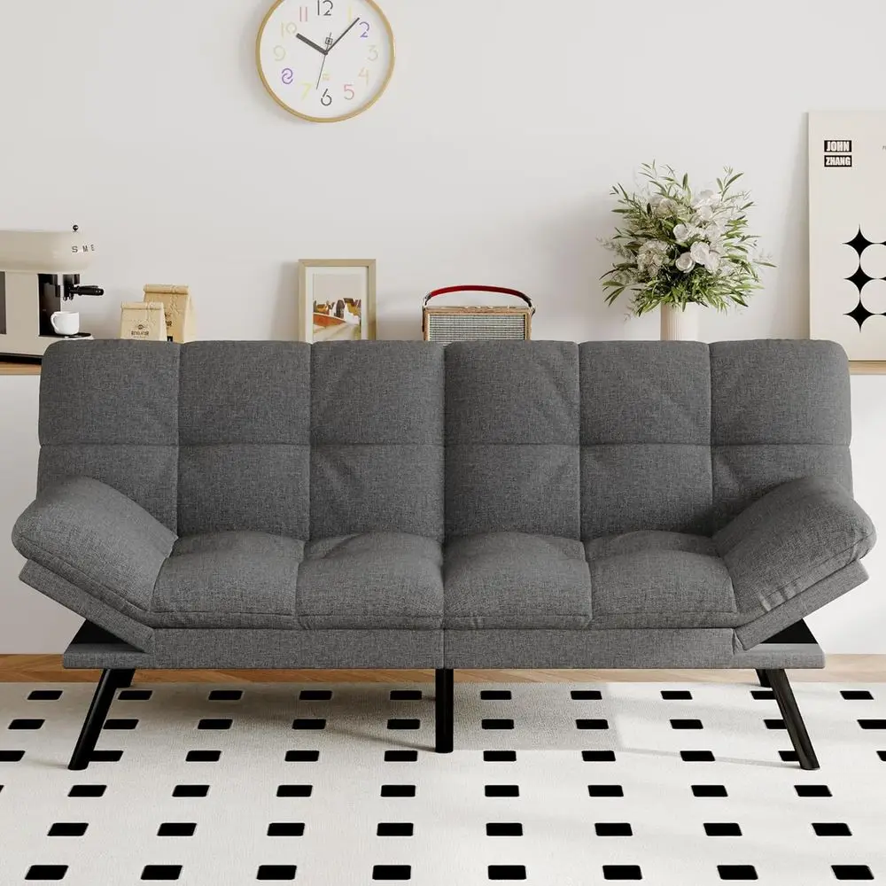uton Soa Bed Convertible Couch, Grey Linen Soa Bed with Memory oam, Adjustable Backrest & Armrests, Multiunctional Small Lovesea
