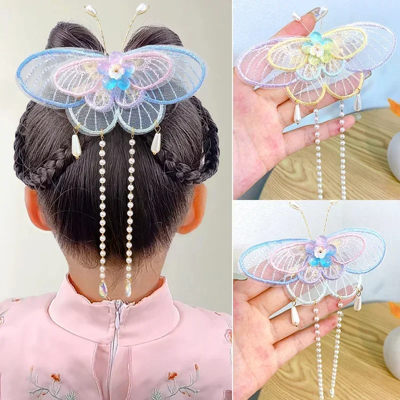 

New Children's Butterfly Tassel Hanfu Headwear Fairy Hair Clip Girl Long Ribbon Ancient Style Hair Accessory