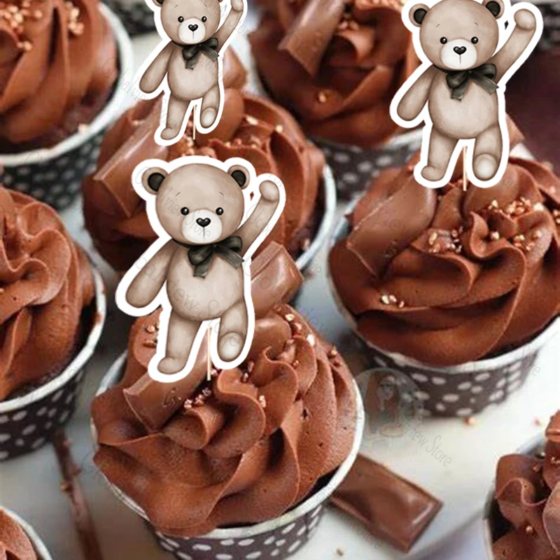 10 Stück Teddybär-Cupcake-Picks, Topper, niedlicher brauner Baby-Bär, Kuchendekoration, Babyparty, Geburtstagskuchen-Dekoration – Detail 4