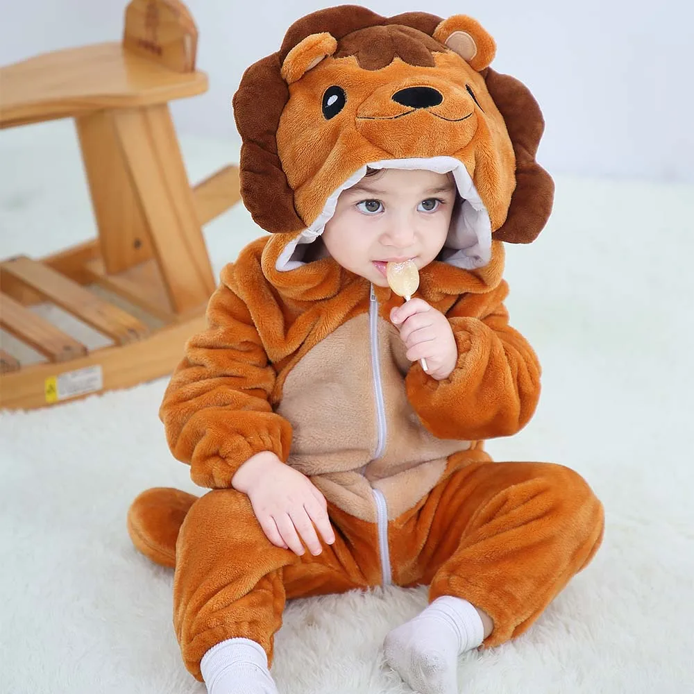 Baby Kigurumis Pajama Toddler Winter Cartoon Jumpsuit Boys Girls Plush Flannel Overalls Kids Bear Lion Penguin Dino Costumes