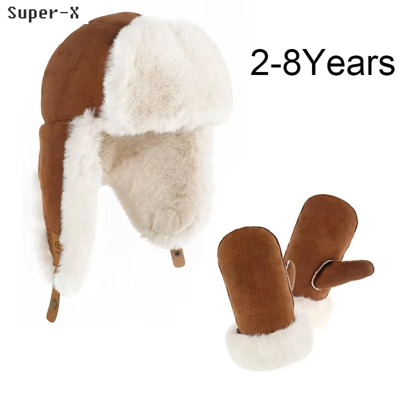 Children Winter Earflaped Cap Thickened Faux Rabbit Fur Fluffy Bomber Hats Gloves for Girl Boy 2-8Y Kids Russian Hat Ushanka