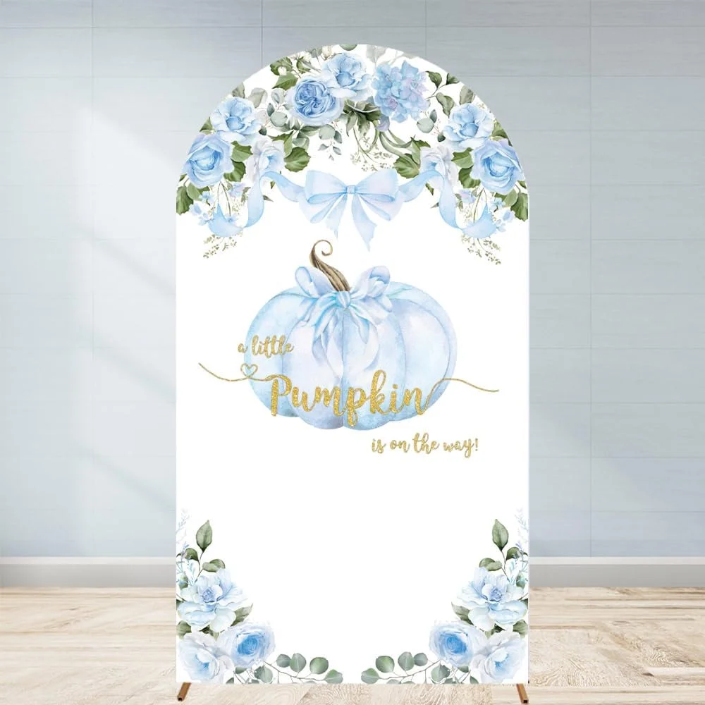

Autumn Baby Shower Arch Backdroop Cover A Sweet Little Pumpkin Is on The Way Fall Blue Floral Flower Gender Neutral Girl Boy