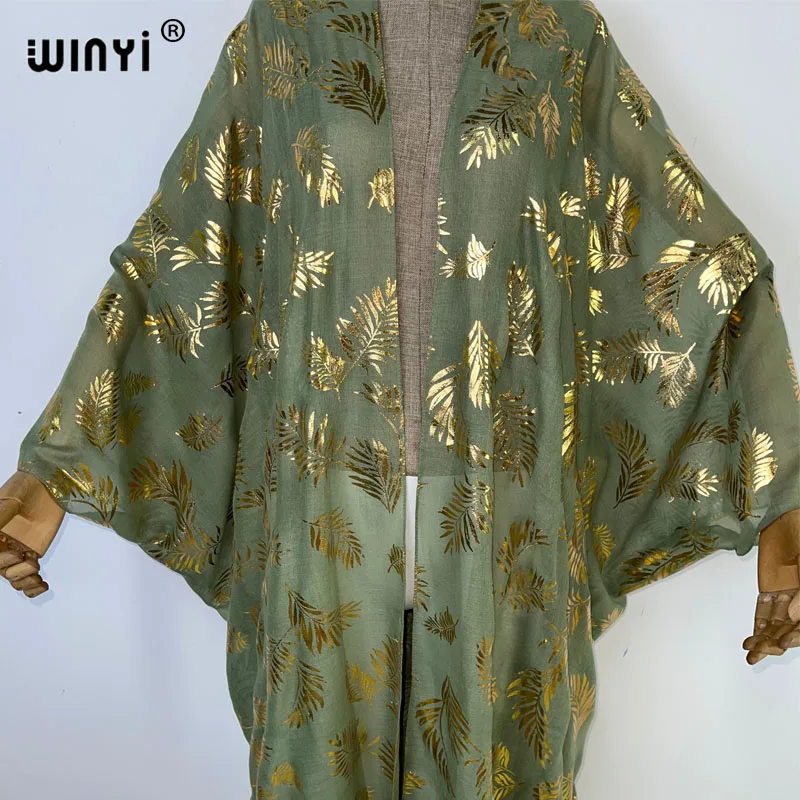 WINYI Middle East Hot stamping print Women Cardigan Loose Long Dress holiday Boho beach cover up Holiday Batwing Sleeve abaya