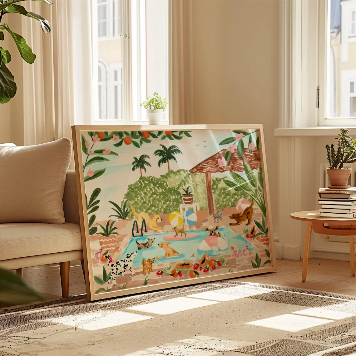 Sunny Dog Pool Party Wall Art - Whimsical Print Celebrating Summer Fun. The Lush Tropical Foliage and Playful Dogs Create a Warm view 2