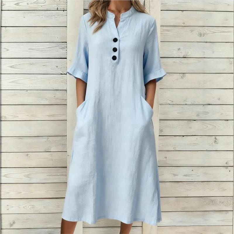 

Elegant Casual Women Shirt Dress 2026 Summer Half Sleeve Solid Color Button Pullover Dress With Pockets Vestidos Robe