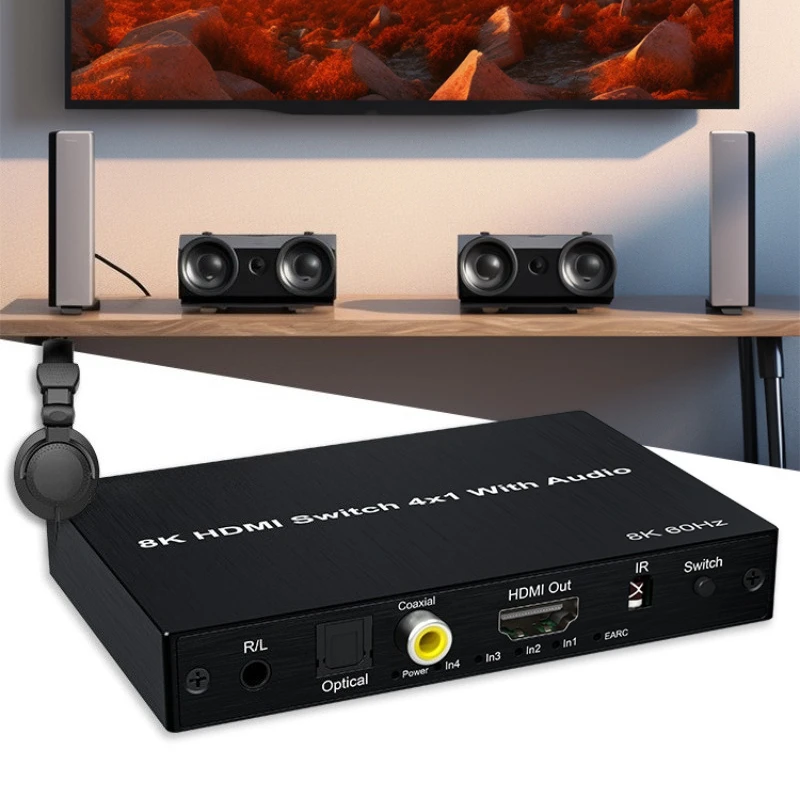 8K 60Hz HD Switch 4 in 1 out with eARC Audio Extractor 4K 120Hz HD Switcher to ARC SPDIF+Coaxial+3.5mm Audio out 48Gbps HDR