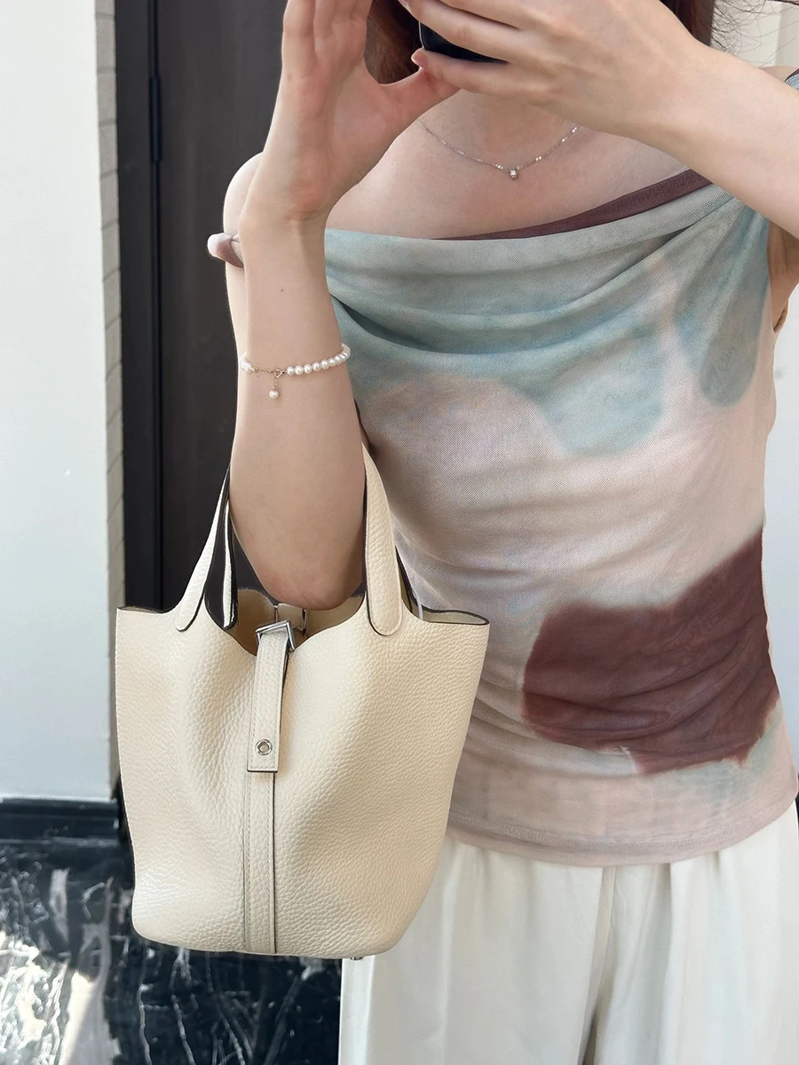 

Vintage Leather Buet Bag Women's Handbag Top Layer Cowhide Large Capaci Commuter Bag Picotin Sle Soft oulder Bag