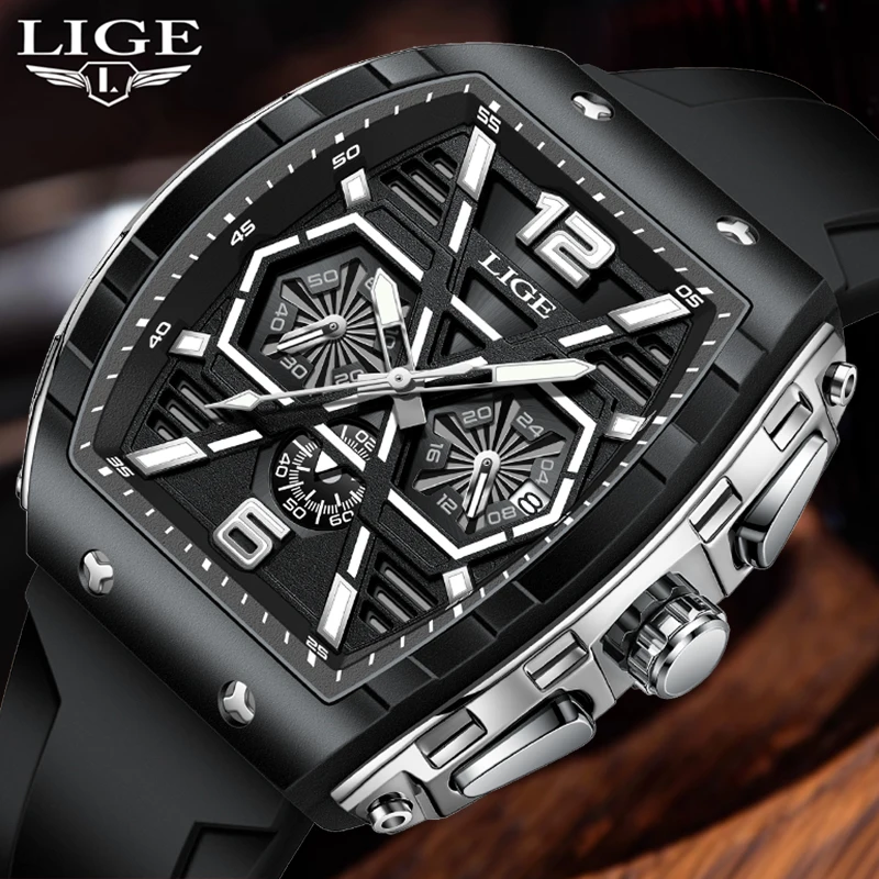 LIGE Mens Watches Top Brand Luxury Military Quartz Watch For Men Fashion Silicone Waterproof Chronograph Clock Male Montre Homme