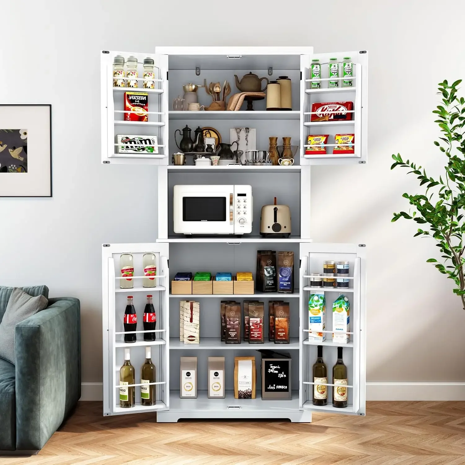 

72" Kitchen Pantry Storage Cabinet, Freestanding Larder Cupboard, Kitchen Hutch Cabinet w/Microwave Stand,Utility Pantry w/Doors