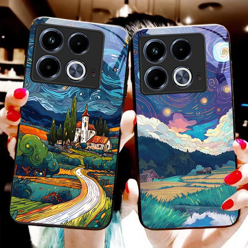 Oil painting house For Infinix Note 40 4G 30i 12 G96 Smart 8 Hot 9 Play 10 11S 12 20i 50 Pro Plus 5G tempered glass phone case