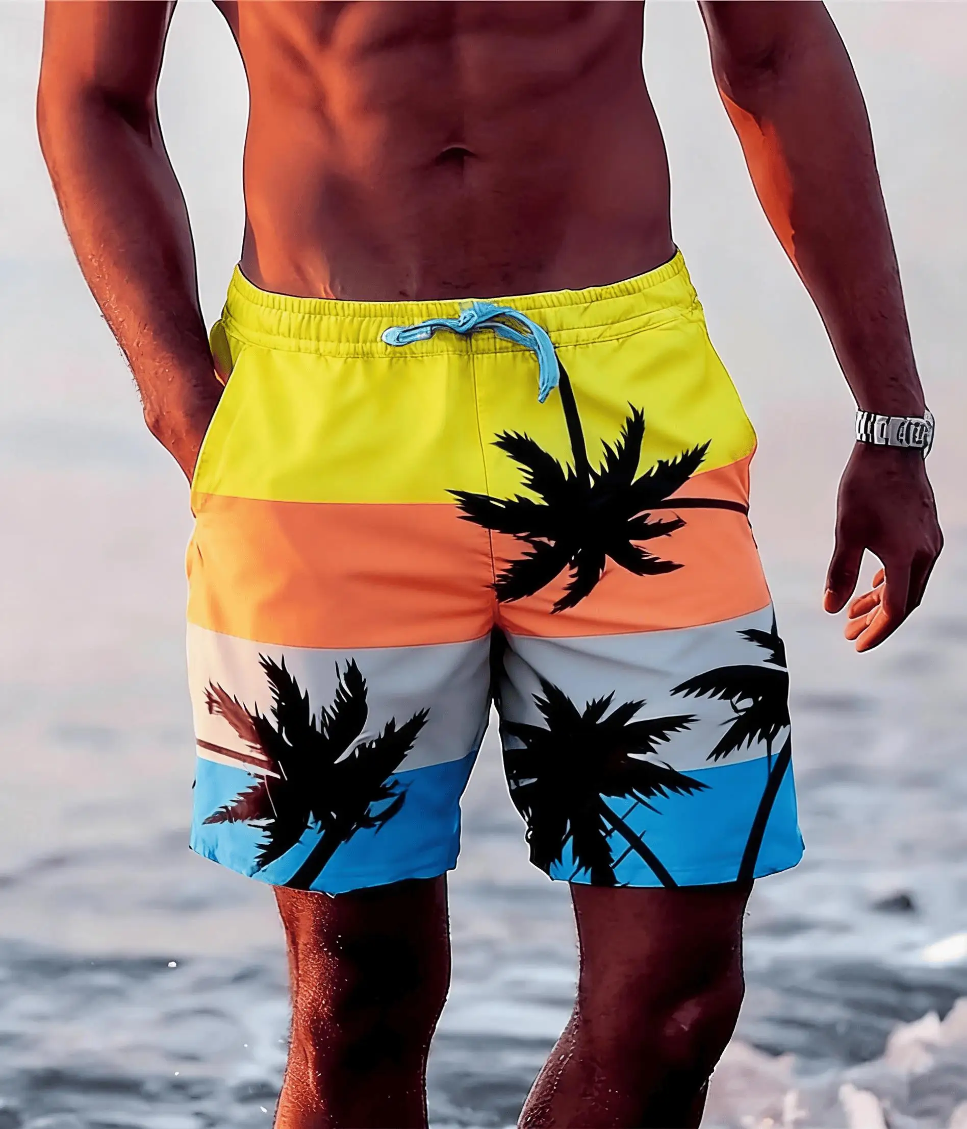 Men's Block Palm Tree Print Drawstring Shorts, Spring Summer Vibrant Beach Casual Shorts, Pocket Beach Shorts