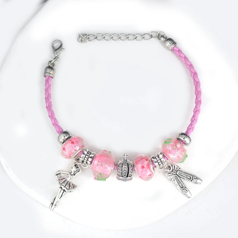 Braid Leather Bracelet Pink Lampwork Murano Glass Bead Crown Ballet Shoes Ballerina Charm Bracelets Jewelry Gift Bijoux Pulsera