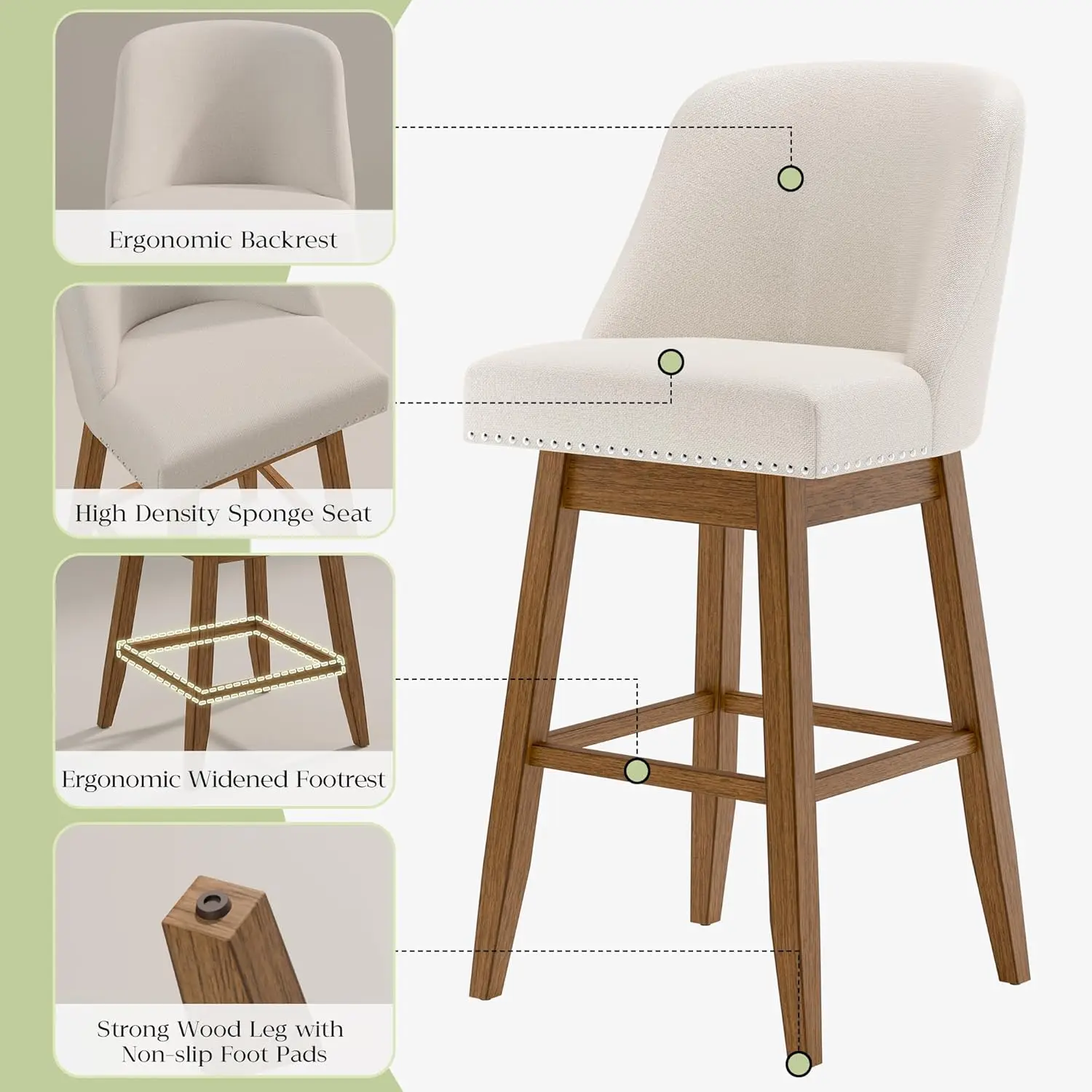 Taburetes de Bar Giratorios con Altura de Mostrador, Juego de 2 Taburetes Tapizados con Altura de Asiento de 30 Pulgadas, Patas de Madera Maciza con Reposapiés, Personalizables