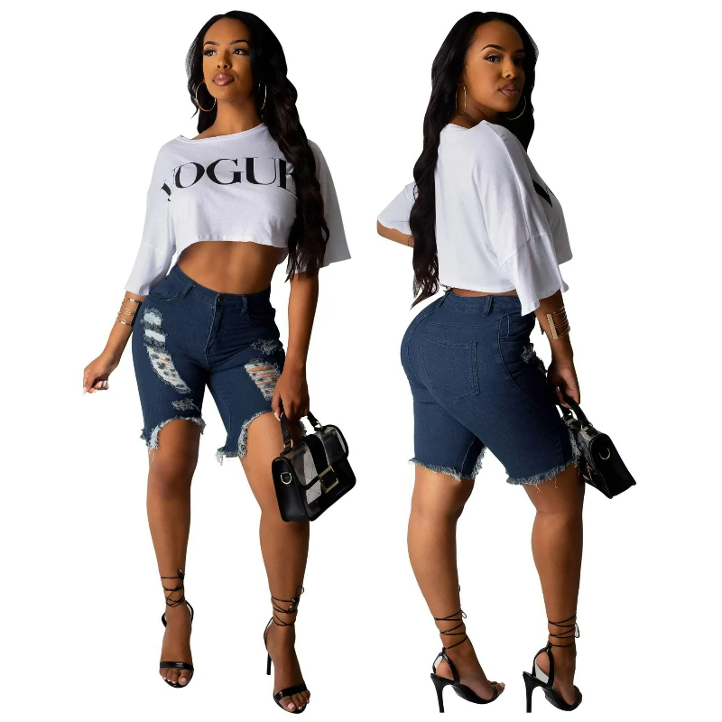 

Denim Shorts Women Jeans Pant Vintage Straight Knee Length Pants Skinny High Waist Trousers Pocket Casual Hole Splice Summer
