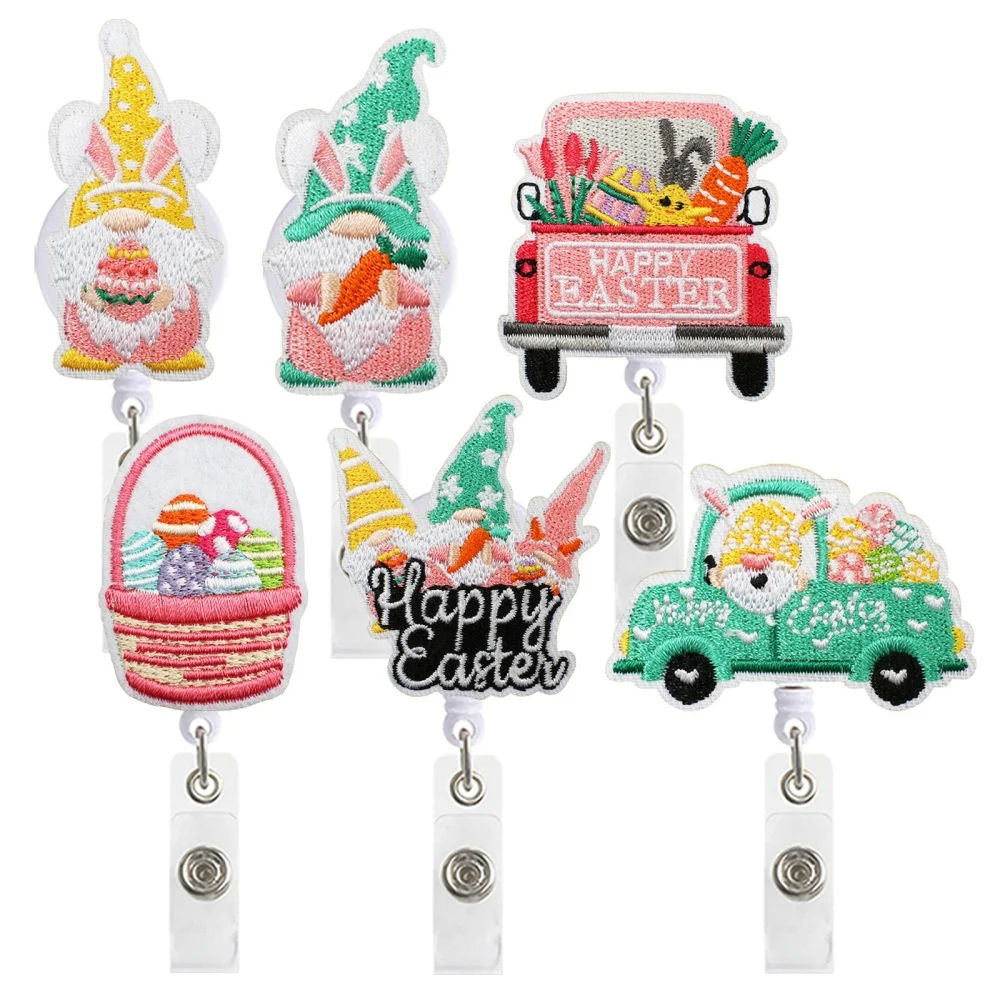 

Easter Gnome Embroidery Badge Reel Retractable ID Card Holder Cute Rabbit Felt Badge Clip Name Tag Nurse Doctor Office Supplies