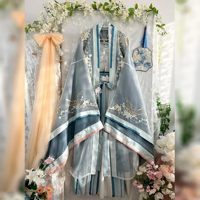 Pink blue Hanfu Chinese traditional style women's clothing with Embroidery and Gradient Colors summer tang dynasty dress