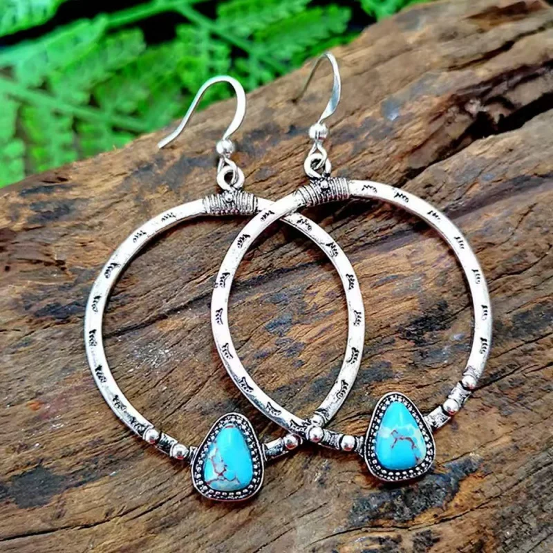 CrossBorder Wish Hot Selling Creative Retro Triangle Turquoise Circle Earrings For Women Wholesale