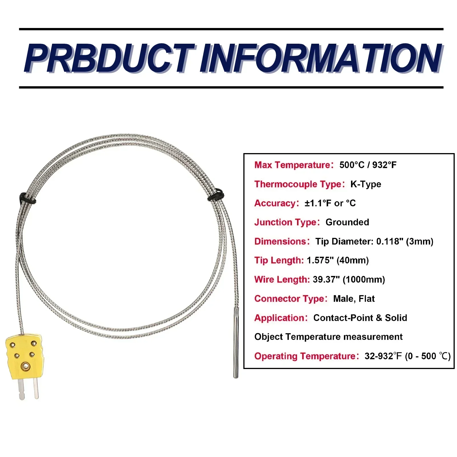 Type K Thermocouple Probe Sensors  Accurate Temperature Readings  Fiberglass Construction  Universal Compatibility