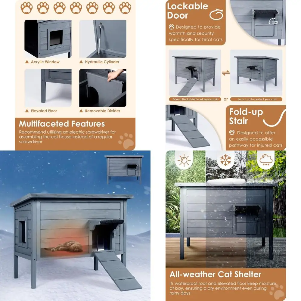 

Утепленный уличный домик для кошек - всепогодный, большой, для нескольких кошек, с акриловым окном, серый