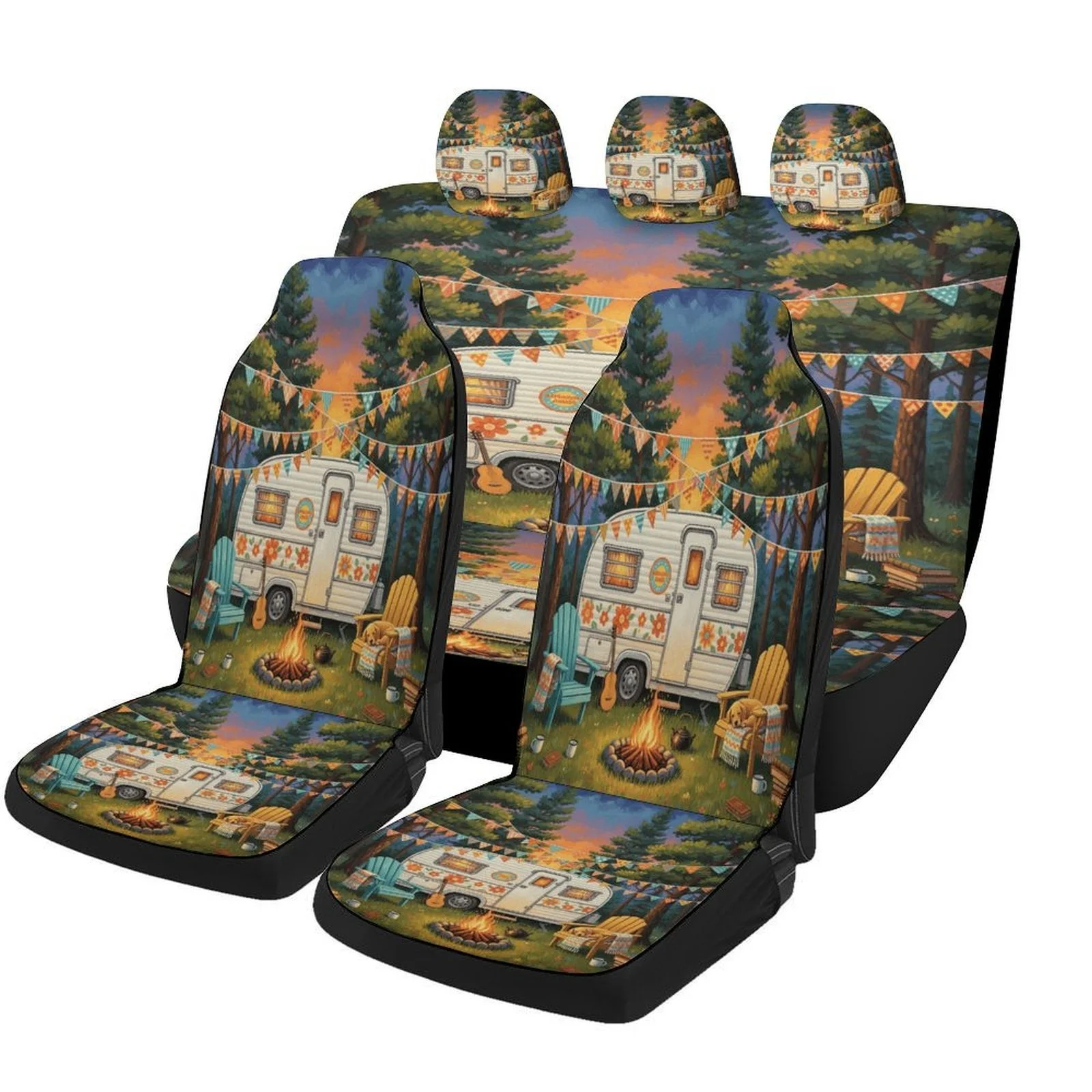 Camping Trailer Evening Themed Car Seat Cover Set For Most Cars, Trendy High-quality Car Seat Protector Covers Full Set, Univers