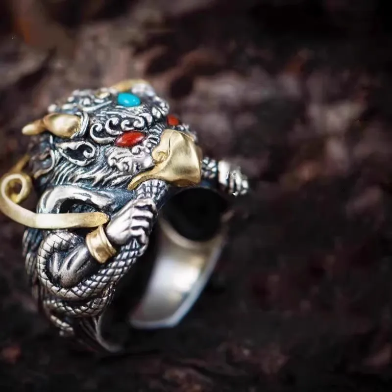 High end retro roc bird mens rings inlaid gemstones blue and red domineering punk style silver 925 ring banquet jewelry gift