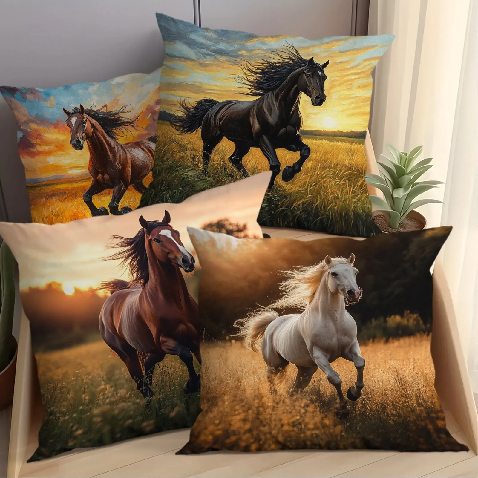 4pcs Running White Horse in the Fields Pillow Covers – Versatile Cushion Covers for Outdoor Indoor Car Bed and Sofa Use