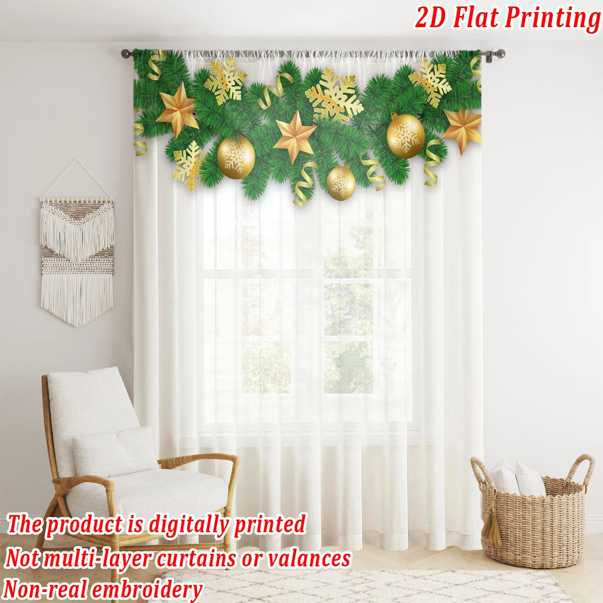 ستارة شفافة مطبوعة مسطحة لعيد الميلاد مع زخرفة ندفة الثلج على شكل كرة نجمة عيد الميلاد لغرفة المعيشة وغرفة النوم وحفلات العطلات