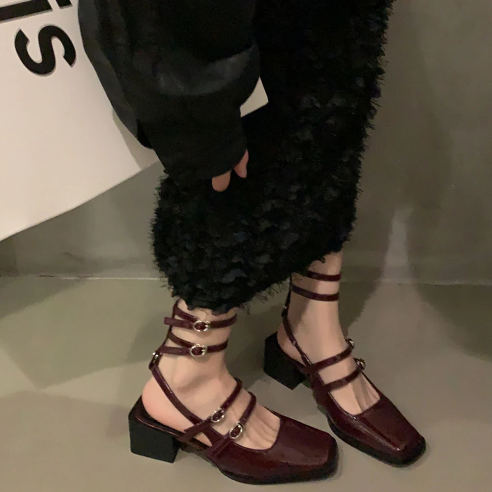 2023 Spring Faux Patent Finish High-heel Shoes With Straps Slingback Fashion Pumps For Women Mary Jane Lovey Square Toe Block