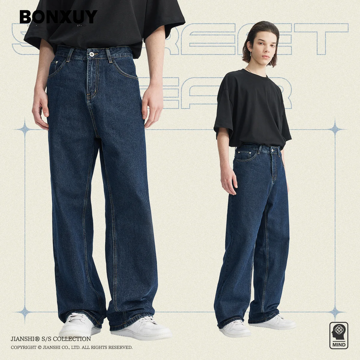 BONXUY Korean style simple washed dark blue mid-waist baggy jeans men's straight wide-leg floor-length casual pants