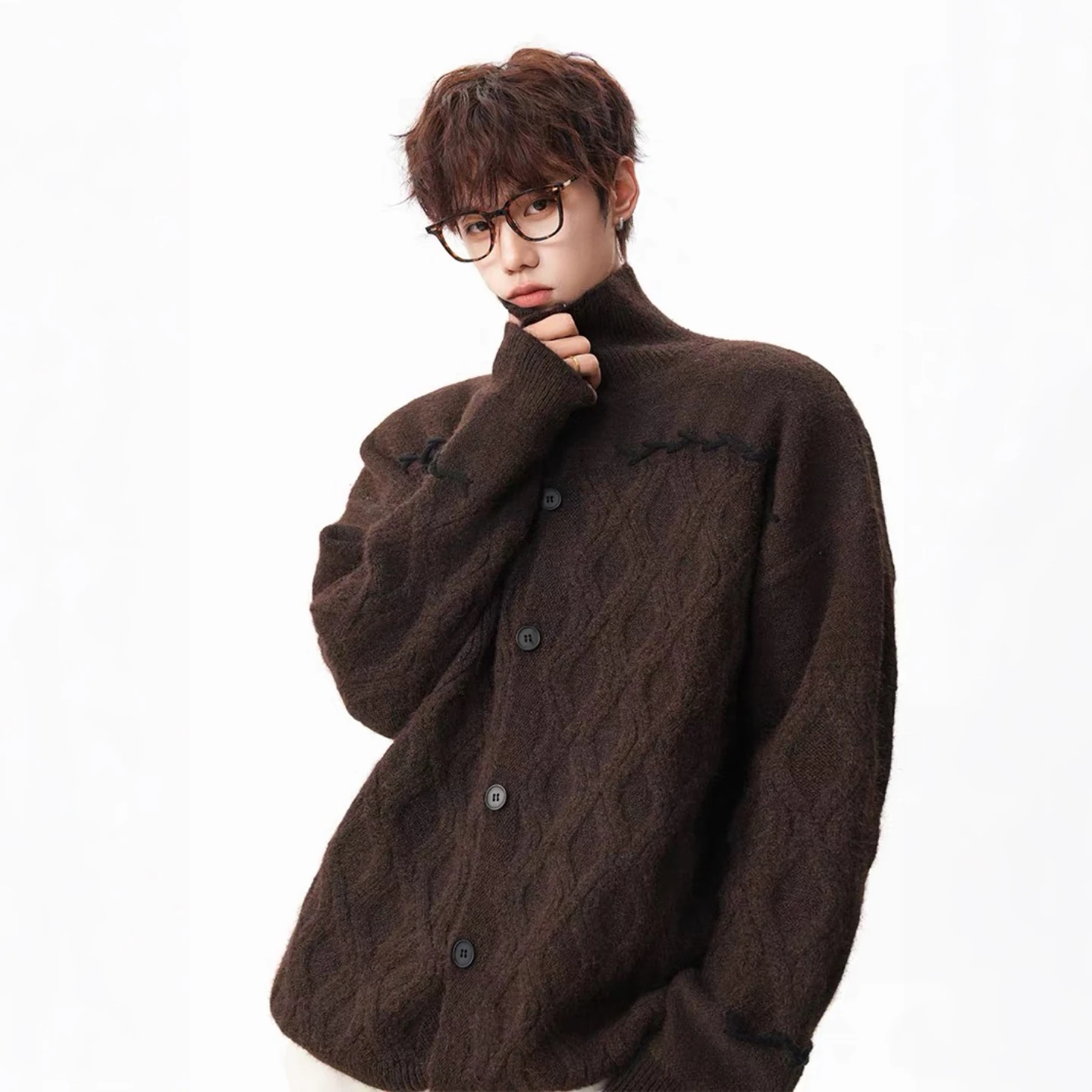 

Ретро-свитер с ромбовидным узором и воротником-стойкой, утепленная повседневная вязаная верхняя одежда для мужчин и женщин в американском стиле, для создания расслабленного образа