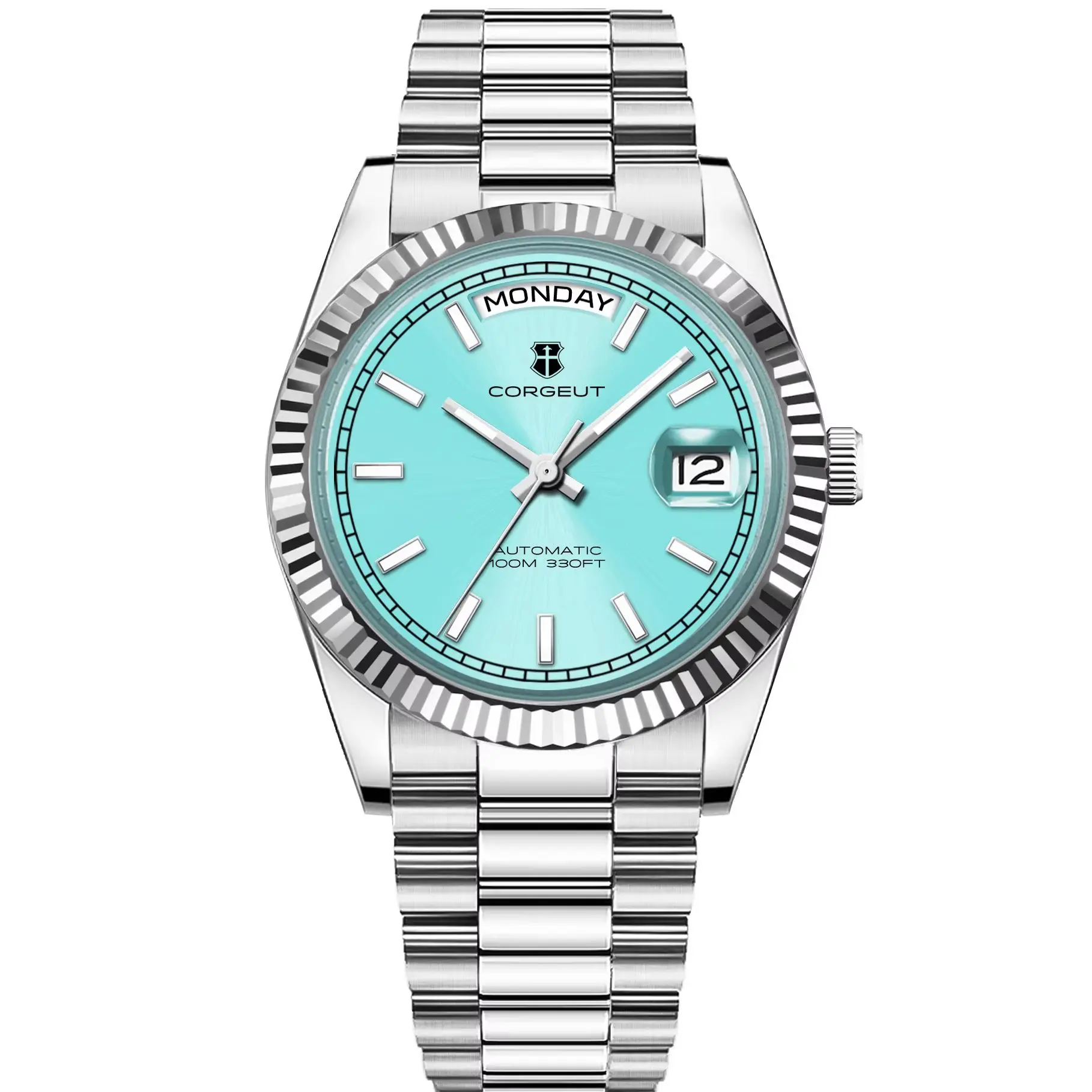 CORGEUT NH36 ساعة ميكانيكية للرجال تاريخ الأسبوع عرض الرئيس سلسلة حزام الصلب ساعة الخيوط قوس الحافة waterp