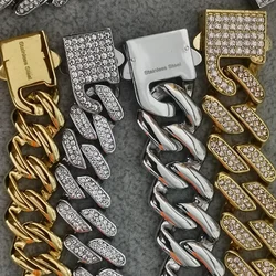 Hip Hop Bling Iced Out Stainless Steel Cuban Miami Link Chain Bracelets for Men Rock Jewelry Gold Silver Color Gift