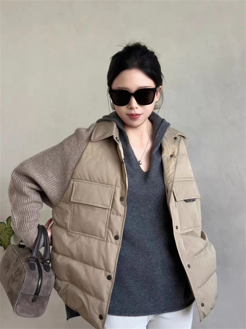 2 Colors Women Knitted Splices Down Jacket Long Sleeve Single Breasted Lapel Pleated Warm Female Winter New Coat