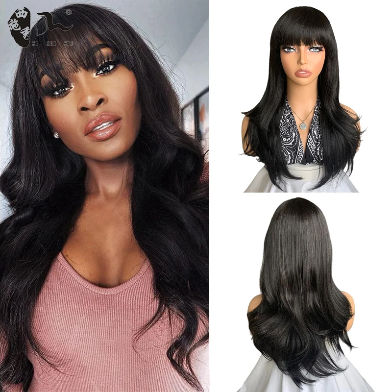 

Long Black Silky Straight Wavy Synthetic Wigs With Bangs For Women Heat Resistant Fiber Cosplay Party Lolita Natural Hair Wigs